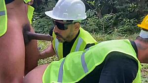 Construction workers break for intense bareback action outdoors in uniforms on full Worker's Day