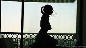 Oh yeah, watch me ride this dildo with my big tits bouncing, says the goth girl in solo play