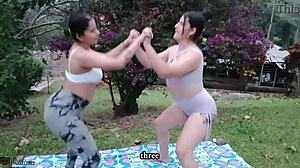 Horny lesbians do yoga and lick pussies