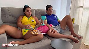 Brazilian brunette wife with big tits and pussy acts as exhibitionist prostitute flashing lingerie during Brazil game for cuckold pov