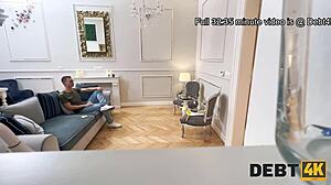 Debt4k bilingual bang with petite brunette in stockings