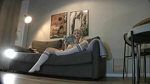 Sexy Milf with Big Natural Tits and Big Ass Strips Panties on Couch