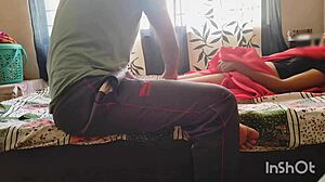 Desi bhabhi in red saree chats with servant about cleaning tasks near her wet laundry area