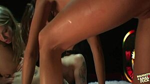 This bitch Suzy and her three friends take turns assfucking guy's big cock roughly