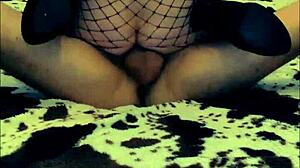 Slender wife talks husband into homemade videos. She rides cowgirl in lingerie stockings on missionary.