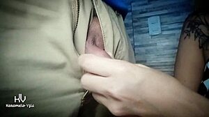 Petite brunette licks and sucks daddy's balls in close up homemade fetish session