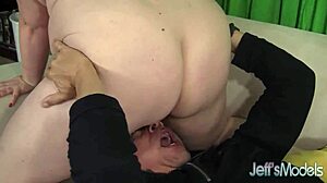 Hey, potbellied Joanna Roxxx gets blowjob jizz load on huge tits