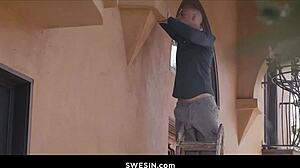 Voyeur watches ella nova and nathan bronson in outdoor blonde blowjob and muff diving sex