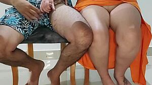 My stepsister got too hot at dinner with our stepparents. They caught us but she kept riding in real homemade action.