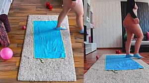 Naughty curvy model spreads big ass during naked workout in dual cam view