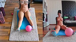 Naughty curvy model spreads big ass during naked workout in dual cam view