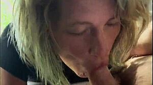 Streetwalker gives bareback blowjob, spits cum on dick, then sucks it off again in intriguing public hookup.