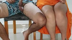 My stepsister got too hot at dinner with our stepparents. They caught us but she kept riding in real homemade action.