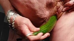 Grandma uses cucumber on hairy beaver