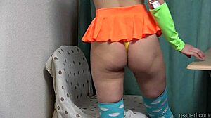 japanese upskirt panties cameltoe exposed under miniskirt on desk in hidden cam spying session