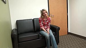 carrie b's casting interview turns into deepthroat blowjob and gagging on cock with her small tits out