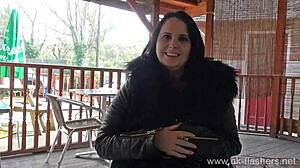 Chubby amateur Sarah Jane masturbates publicly and flashes BBW milf big tits outdoors