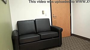 carrie b's casting interview turns into deepthroat blowjob and gagging on cock with her small tits out