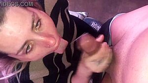 Blonde slut deepthroats friend with cumshot and tattooed body covered in spit