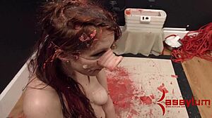 Dominated babe feels overwhelmed gagging deeply on cock during rough bondage session