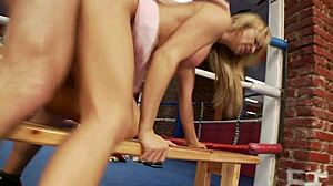 Boxing coach drills my wet cunt hard! Blonde gets pounded in doggystyle with big tits moaning in the ring.