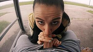 Risky public blowjob at bus station with deepthroat and cum in mouth