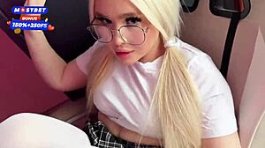 chubby blonde webcam girl with glasses rides cowgirl in german amateur couple pov