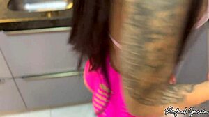 Naughty maid in short shorts fucks boss on kitchen sink with athletic Brazilian brunette body in lingerie outdoors.