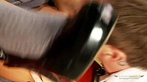 busty redhead slut moans during blowjob and cowgirl riding on sofa in uniform