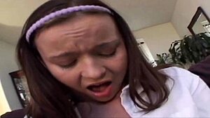 Petite jersey jaxin with small tits slides her panties aside for hardcore riding and creampie in shaved pussy.