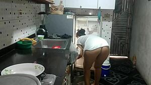 Oh man, my stepsister's boyfriend couldn't resist my big ass! 😈 He fucked me hard in the kitchen with his thick cock and came inside, feeling his warm cum was amazing! 🔥