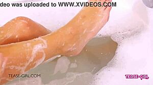 in a steamy scene, the sexy brunette teen 18+ student relaxes in a bath after her pov massage interview with daddy on the sofa