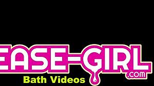 in a steamy scene, the sexy brunette teen 18+ student relaxes in a bath after her pov massage interview with daddy on the sofa