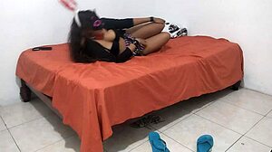 18 year old rebellious student shows dry dark pussy bent over