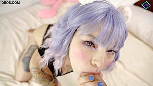 Teen Karneli Bandi gives juicy blowjob with deepthroat sucking on big cock for cumshot facial.