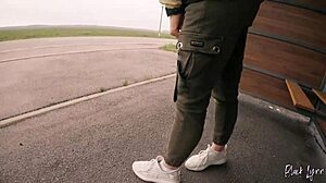 Risky public blowjob at bus station with deepthroat and cum in mouth