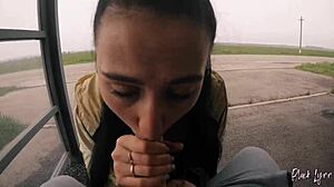 Risky public blowjob at bus station with deepthroat and cum in mouth