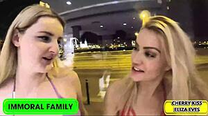 Siblings compete in bedroom with cherry's squirting against eliza's deepthroat in homemade group action