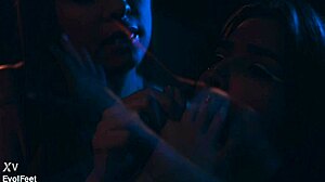 Brunette femdom licks toes like dessert in bdsm close up with choking gagging deepthroat. She dominates submissive slave with feet fetish tattoo play.