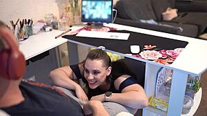 naughty secretary handles boss during zoom meeting with mouthful result