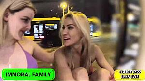 Siblings compete in bedroom with cherry's squirting against eliza's deepthroat in homemade group action