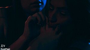 Brunette femdom licks toes like dessert in bdsm close up with choking gagging deepthroat. She dominates submissive slave with feet fetish tattoo play.