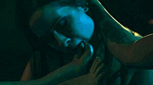 Brunette femdom licks toes like dessert in bdsm close up with choking gagging deepthroat. She dominates submissive slave with feet fetish tattoo play.