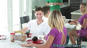 stepmom gives blowjob under table to teen in taboo office setup