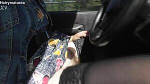 Look at my hairy mature pussy flashing nude in the car outdoors