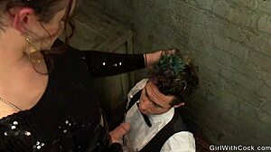 intriguing shemale dominates and fucks coat check guy anally