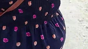 Blonde milf bbw flashes huge ass in lingerie outdoors. Stranger follows and lifts her skirt on public street for taboo thrill.