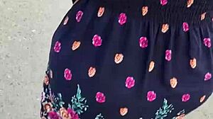 Blonde milf bbw flashes huge ass in lingerie outdoors. Stranger follows and lifts her skirt on public street for taboo thrill.