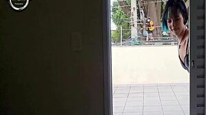 menage with hot brazilian neighbor spying on balcony leads to cowgirl ride and blowjob close up