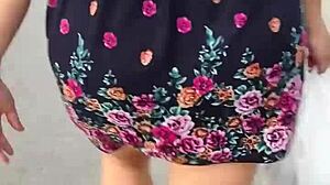 Blonde milf bbw flashes huge ass in lingerie outdoors. Stranger follows and lifts her skirt on public street for taboo thrill.